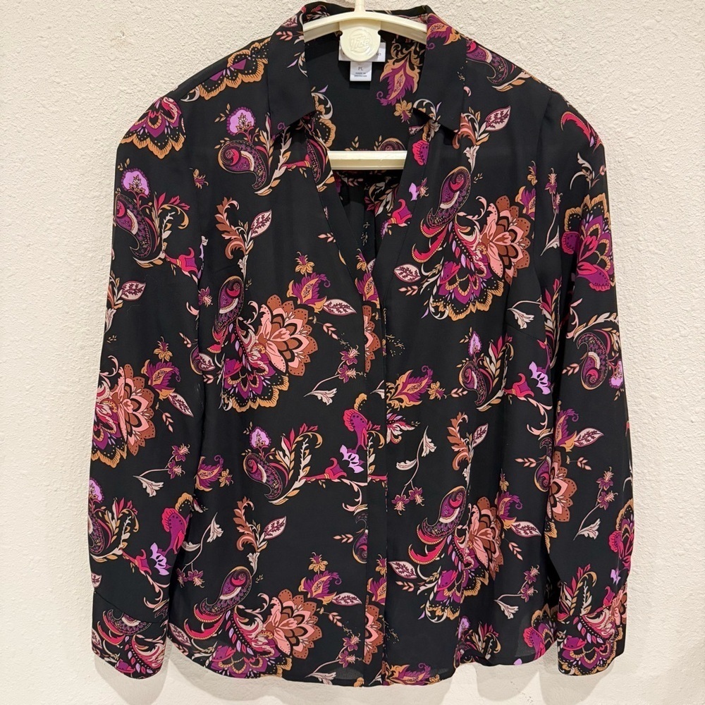 Liz Claiborne Paisley Button Down Blouse Long Sleeve Black Shirt Women’s Size PL